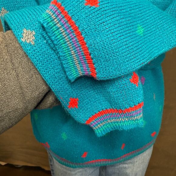 Vintage Jason Maxwell Sweater 80s Geometric Knit Turquoise Pullover Korea XL - Picture 7 of 9